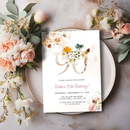 Floral rose et or 90e anniversaire Invitation