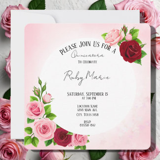 Floral rose et rouge Roses Quinceanera Invitation