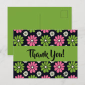 Floral rose et vert sur carte postale Merci noir (Devant / Derrière)