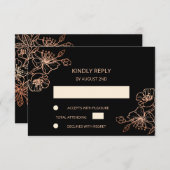 Floral Rose Gold Noir Mariage RSVP (Devant / Derrière)