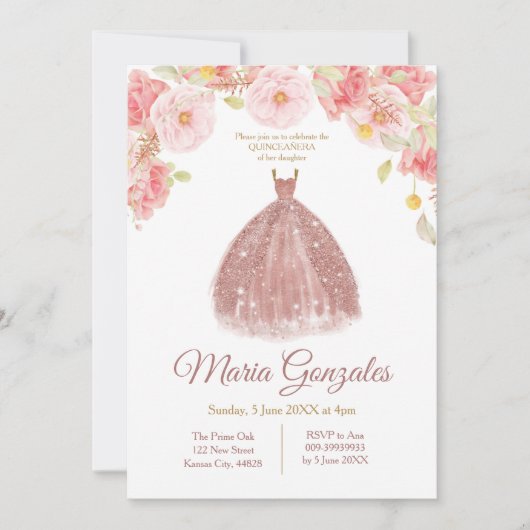 Floral Rose Gold Princesse Quinceanera Invitation (Devant)