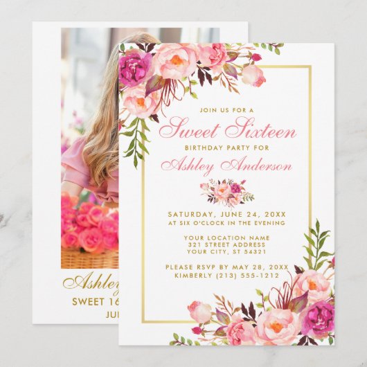 Floral Rose Gold Sweet 16 Invitation d'anniversair (Devant / Derrière)