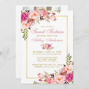 Floral Rose Gold Sweet 16 Invitation d'anniversair