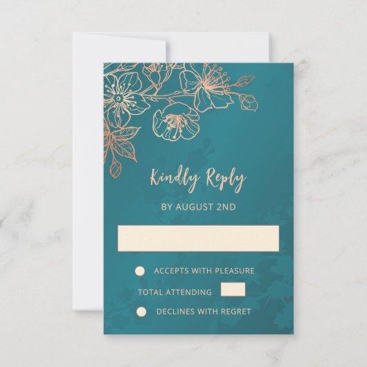 Floral Rose Gold Teal Wedding RSVP (Devant)