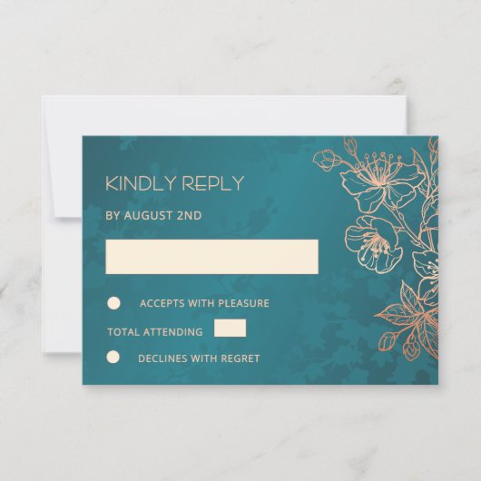 Floral Rose Gold Teal Wedding RSVP (Devant)