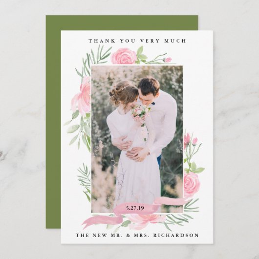 Floral rose pâle | Merci photo mariage (Devant / Derrière)