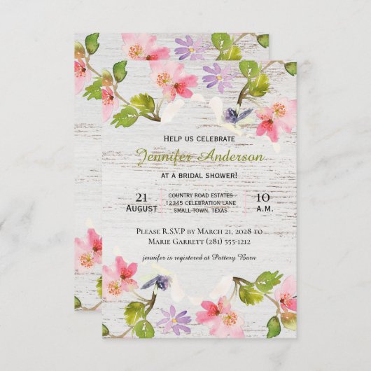 Floral rose rustique sur invitation à la douche en (Devant / Derrière)