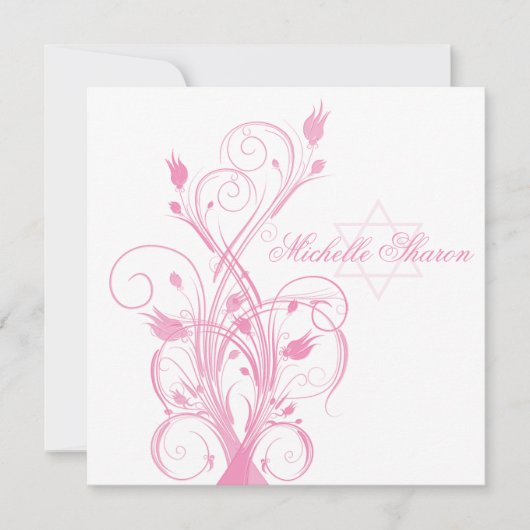 Floral rose sur invitation Bat mitzvah blanche (Devant)