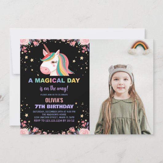 Floral Rose Unicorn Anniversaire Invitations photo (Devant)