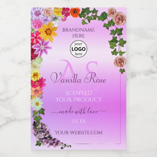 Floral rose violet Étiquette de produit Monogramme (Étiquettes simples)