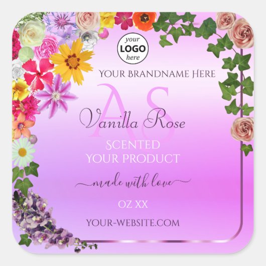 Floral rose violet Étiquette de produit Monogramme (Devant)