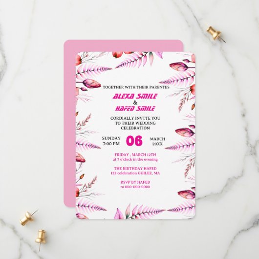 Floral Rose Wedding Invitation: Blush Pink Save The Date (Voorkant / Achterkant in situ)