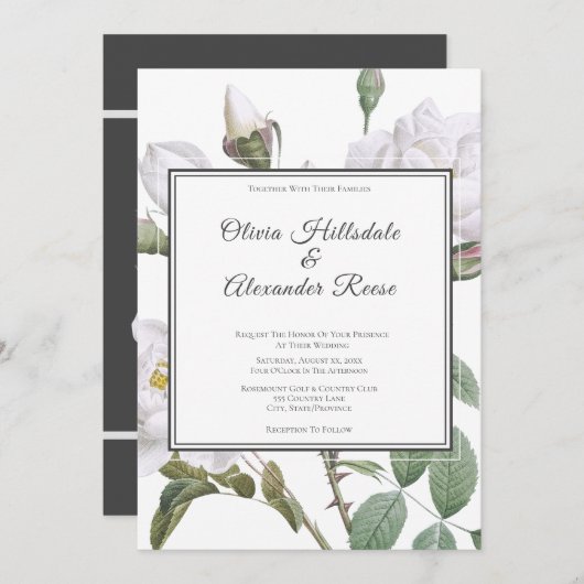 Floral Roses Blanches Élégant Mariage Invitation (Devant / Derrière)