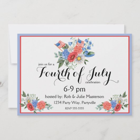 Floral Rouge Blanc et Bleu 4 juillet Invitation (Devant)