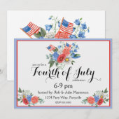Floral Rouge Blanc et Bleu 4 juillet Invitation (Devant / Derrière)