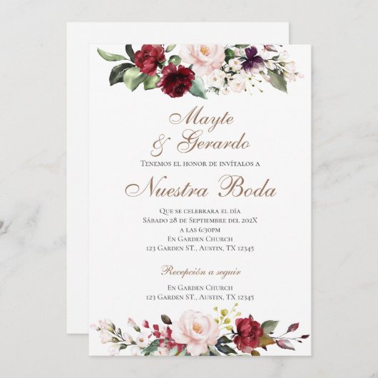 Floral rouge espagnol Faire-part de mariage (Devant / Derrière)