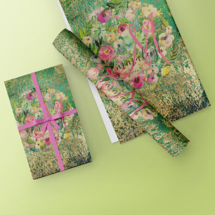Floral Round Bouquet Monogram Green Gold Cadeaupapier