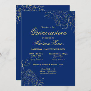 Floral Royal Blauw Goud Fine Art Quinceanera Kaart