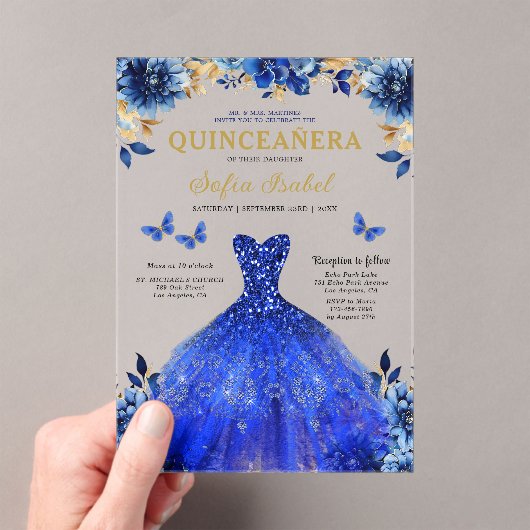 Floral Royal Blue Butterfly Princess Quinceanera Acryl Uitnodigingen (Insitu (Draagbaar))