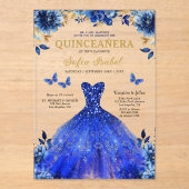 Floral Royal Blue Butterfly Princess Quinceanera Acryl Uitnodigingen (Voorkant)