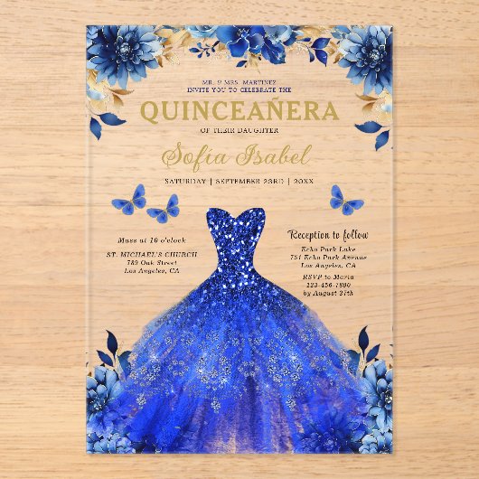 Floral Royal Blue Butterfly Princess Quinceanera Acryl Uitnodigingen (Voorkant)