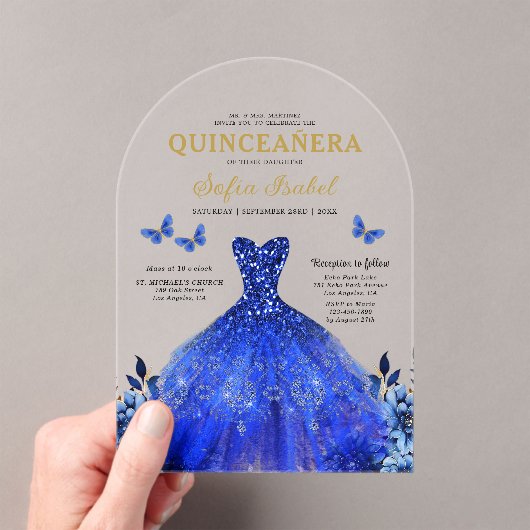 Floral Royal Blue Butterfly Princess Quinceanera Acryl Uitnodigingen (Insitu (Draagbaar))