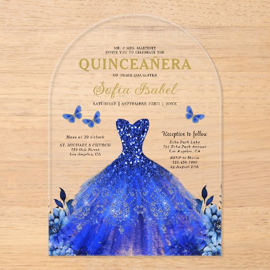Floral Royal Blue Butterfly Princess Quinceanera Acryl Uitnodigingen (Voorkant)