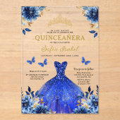 Floral Royal Blue Butterfly Princess Quinceanera Acryl Uitnodigingen (Voorkant)