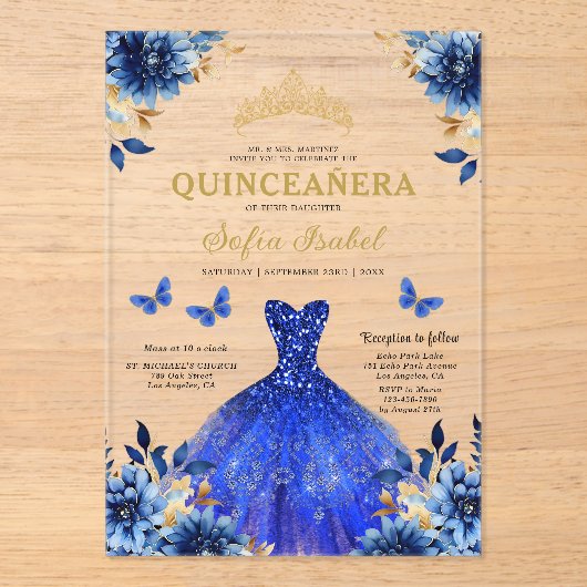 Floral Royal Blue Butterfly Princess Quinceanera Acryl Uitnodigingen (Voorkant)