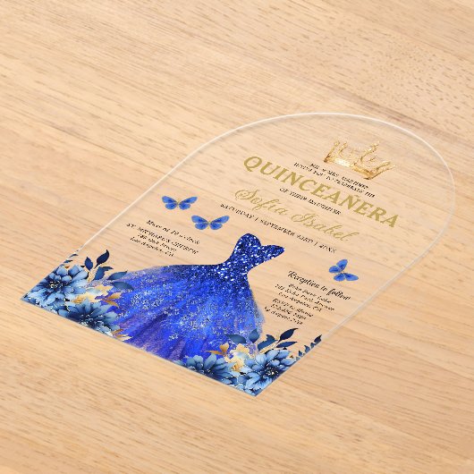 Floral Royal Blue Butterfly Princess Quinceanera Acryl Uitnodigingen (Laagn)