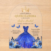 Floral Royal Blue Butterfly Princess Quinceanera Acryl Uitnodigingen (Voorkant)