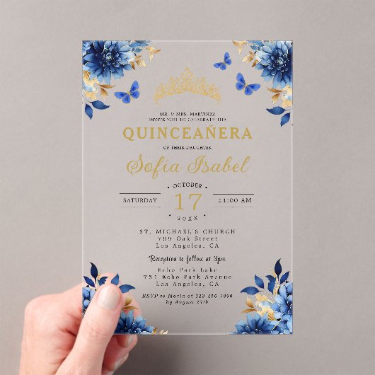 Floral Royal Blue Butterfly Princess Quinceanera Acryl Uitnodigingen (Insitu (Draagbaar))