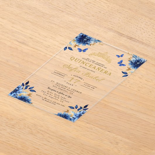 Floral Royal Blue Butterfly Princess Quinceanera Acryl Uitnodigingen (Laagn)