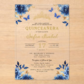 Floral Royal Blue Butterfly Princess Quinceanera Acryl Uitnodigingen (Voorkant)