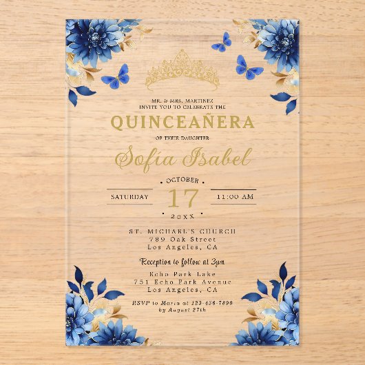 Floral Royal Blue Butterfly Princess Quinceanera Acryl Uitnodigingen (Voorkant)