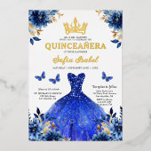 Floral Royal Blue Butterfly Princess Quinceanera Folie Uitnodiging (Voorkant)