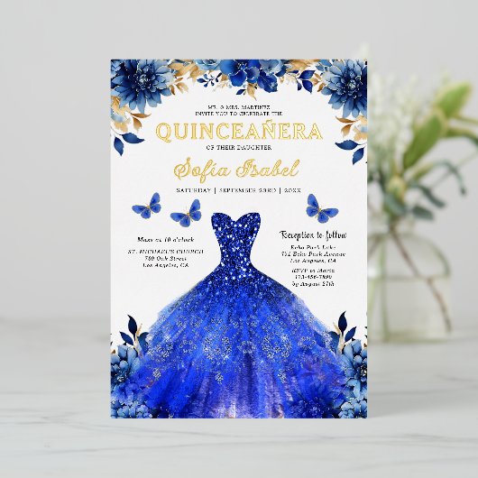 Floral Royal Blue Butterfly Princess Quinceanera Folie Uitnodiging (Staand Voorkant)