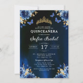 Floral Royal Blue Butterfly Princess Quinceanera Kaart (Voorkant)
