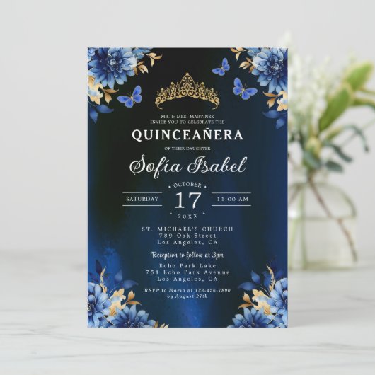 Floral Royal Blue Butterfly Princess Quinceanera Kaart (Staand voorkant)