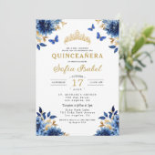 Floral Royal Blue Butterfly Princess Quinceanera Kaart (Staand voorkant)