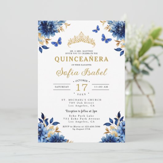 Floral Royal Blue Butterfly Princess Quinceanera Kaart (Staand voorkant)