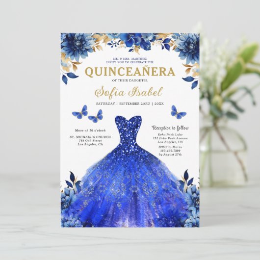 Floral Royal Blue Butterfly Princess Quinceanera Kaart (Staand voorkant)