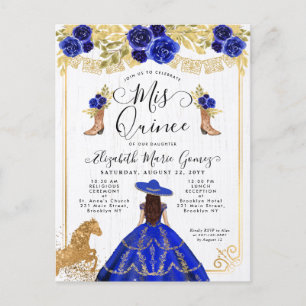 Floral Royal Blue Charra Princess Quinceanera Uitnodiging Briefkaart