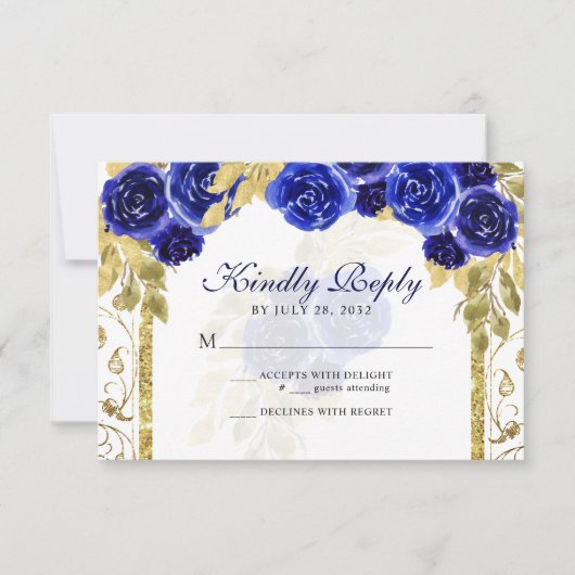 Floral Royal Blue Gold Arch Quinceañera RSVP Kaartje (Voorkant)