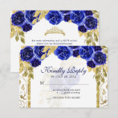 Floral Royal Blue Gold Arch Quinceañera RSVP Kaartje (Voorkant / Achterkant)
