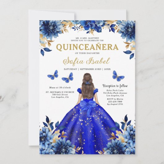 Floral Royal Blue QR Code Princess Quinceanera Kaart (Voorkant)