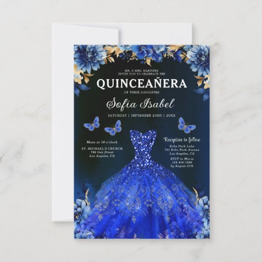 Floral Royal Blue QR Code Princess Quinceanera Kaart (Voorkant)