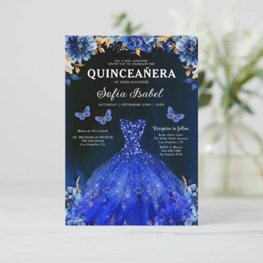 Floral Royal Blue QR Code Princess Quinceanera Kaart (Staand voorkant)