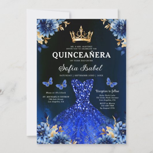Floral Royal Blue Tweetalige Spaanse Quinceanera Kaart (Voorkant)