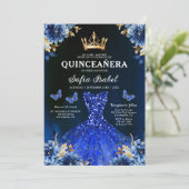 Floral Royal Blue Tweetalige Spaanse Quinceanera Kaart (Staand voorkant)